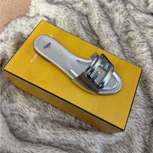 Fendi Metallic Silver Slide Sandals